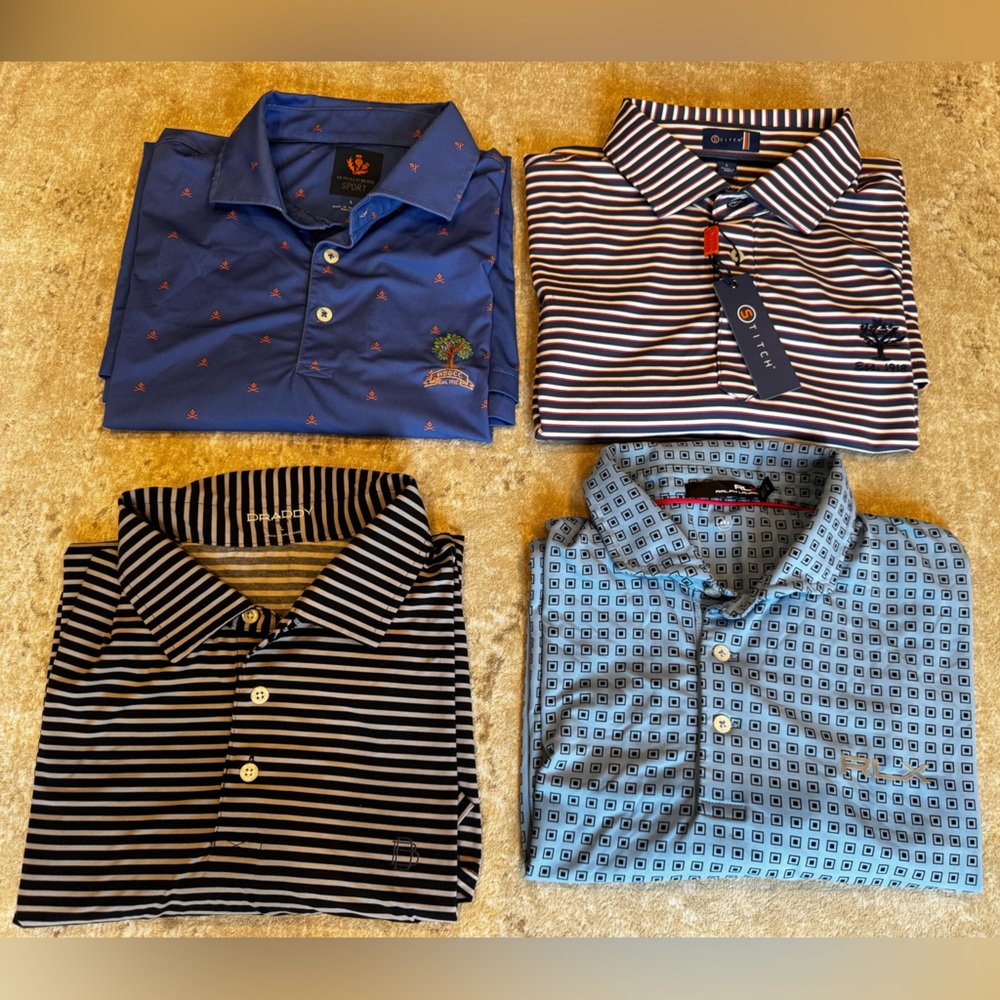 Lot of 4 men’s golf shirts- Donald Ross, Stitch, RLX, Draddy - size Large